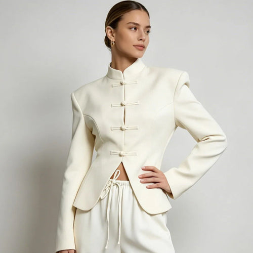 Damen Sculpted‑Blazer mit Stehkragen, dekorativen Knotenverschlüssen und taillierter Silhouette Drune