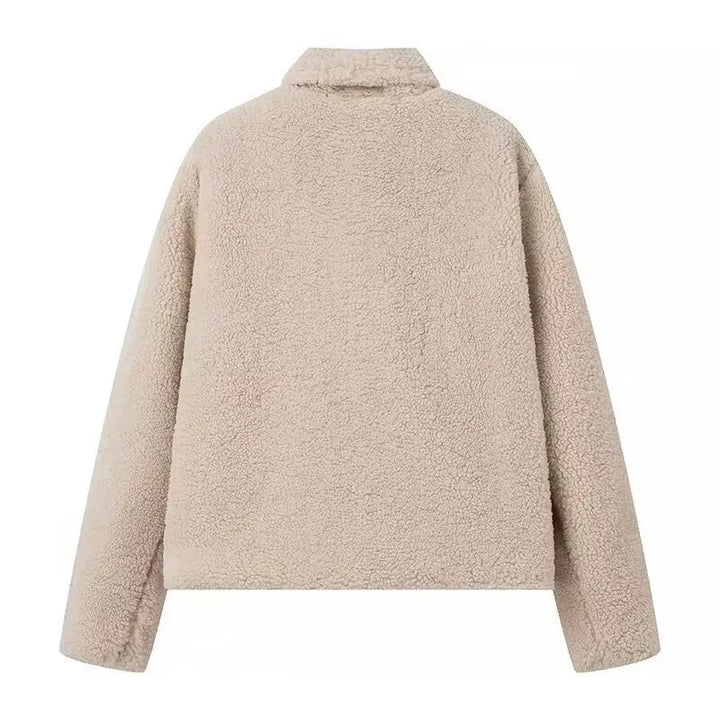 Damen nan kurz geschnittene Kunstfell-Teddyjacke mit breitem Reverskragen, wattierter Innenlage und seitlichen Eingrifftaschen Drune
