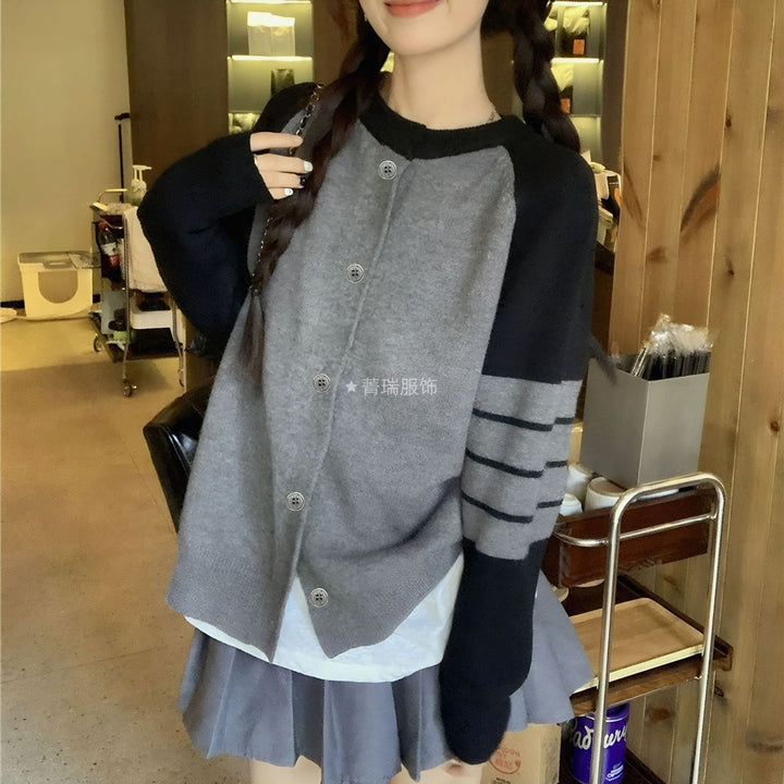 Damen bequemer Strickcardigan mit Knopfdetails und sportlichen Streifen Drune