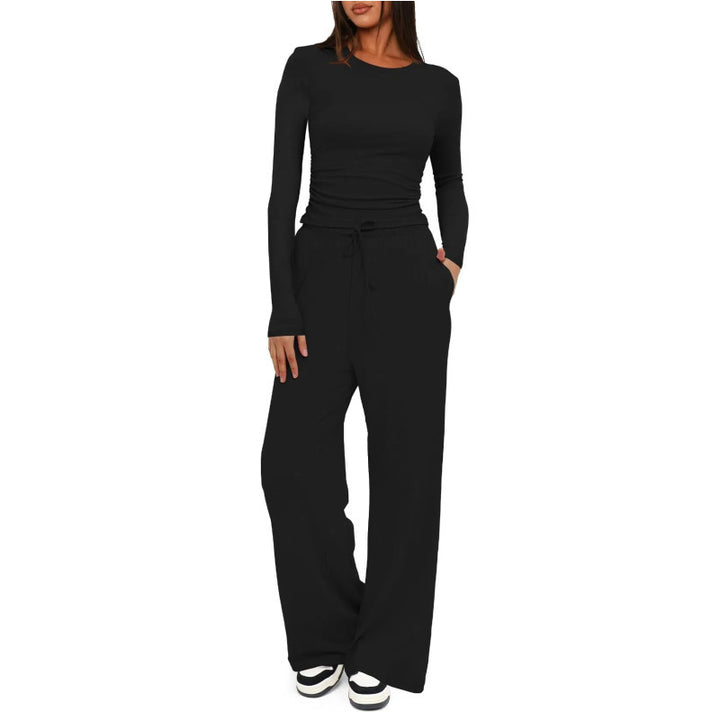 Damen Figurbetontes Longsleeve mit seitlicher Raffung und High-Waist Palazzo-Jogginghose Set Drune