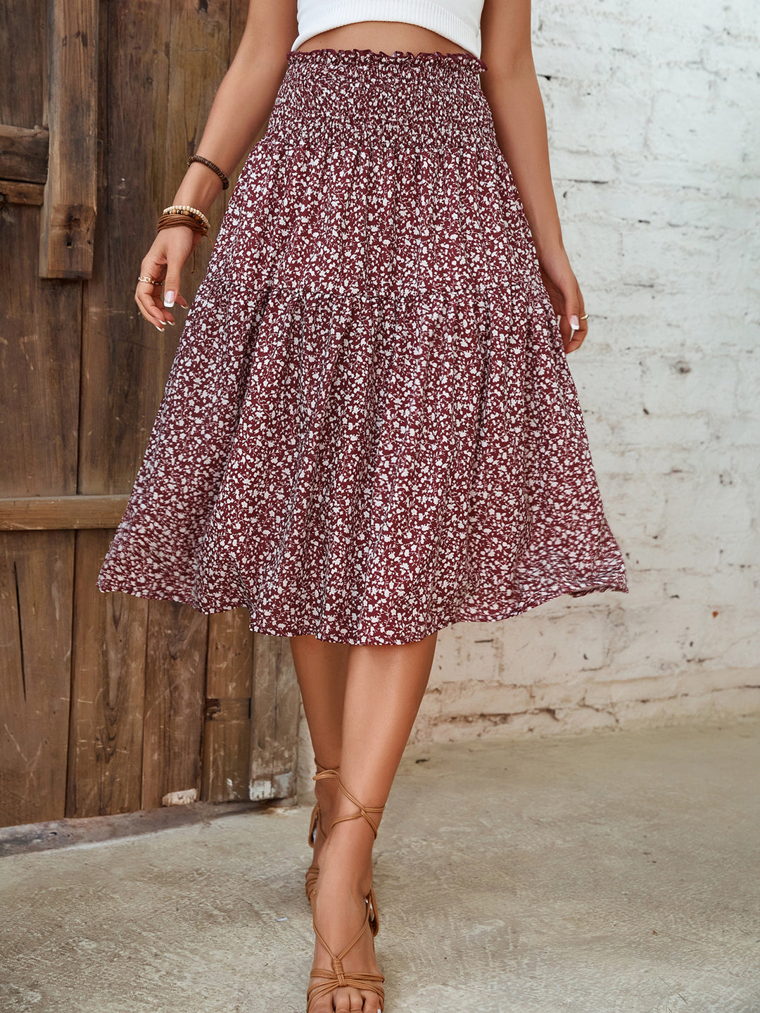 Damen Midirock mit elastischem Taillenbund und floralem Design Drune