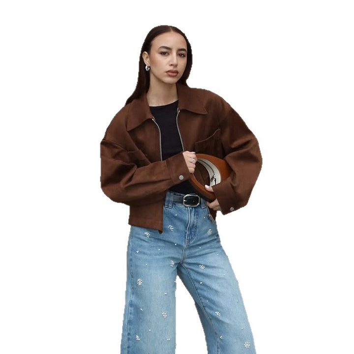 Damen Kurze Veloursleder‑Optik Jacke mit Reißverschluss und Oversize‑Ärmeln Drune