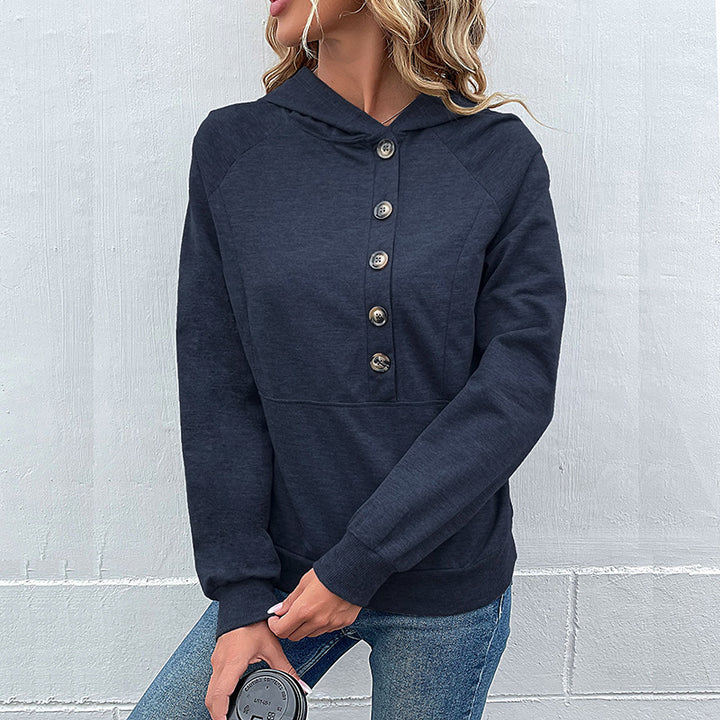 Damen Kapuzenpullover mit Zierknopfleiste, Raglanärmeln und Kängurutasche Drune