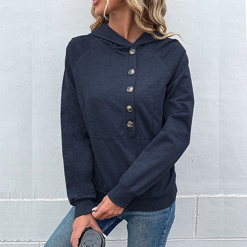 Damen Kapuzenpullover mit Zierknopfleiste, Raglanärmeln und Kängurutasche Drune