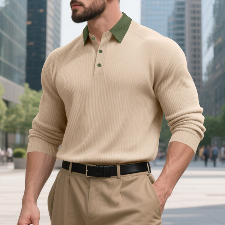 Herren elegantes Langarm-Polohemd mit strukturiertem Design und modischem Kragen Drune