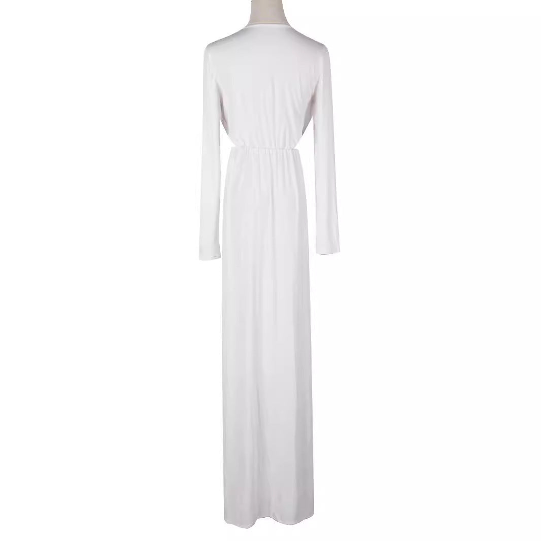 Damen Elegantes Jersey-Maxikleid im Wickelstil mit tiefem V‑Ausschnitt und tailliertem Gummibund Drune