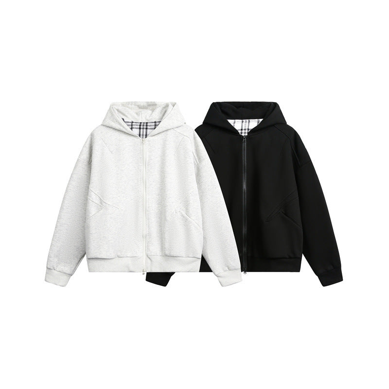 Unisex Kapuzen‑Sweatjacke mit Zweiwege‑Reißverschluss und kariertem Kapuzenfutter Drune