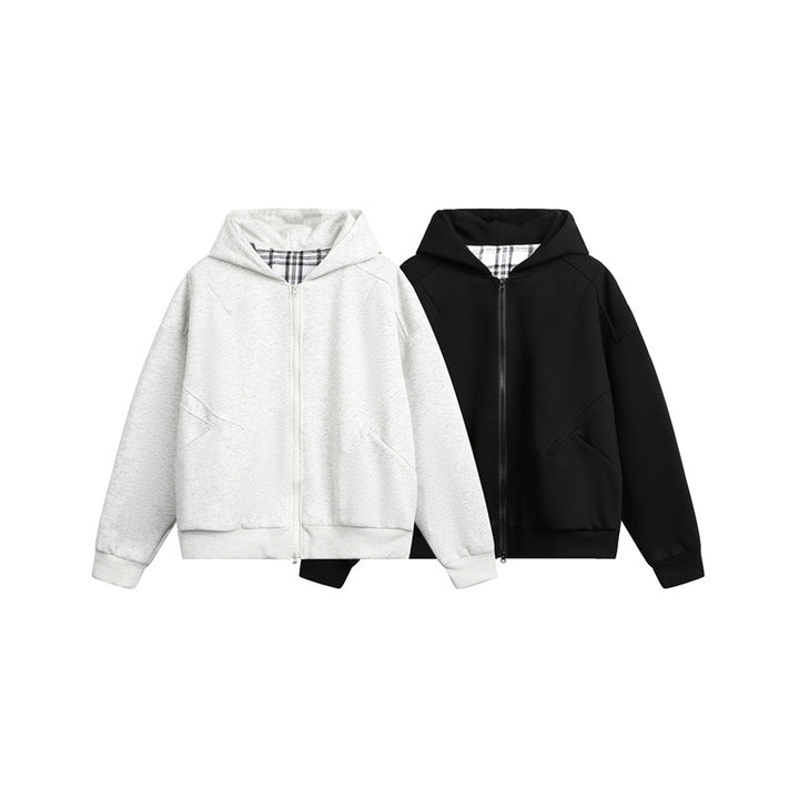 Unisex Kapuzen‑Sweatjacke mit Zweiwege‑Reißverschluss und kariertem Kapuzenfutter Drune