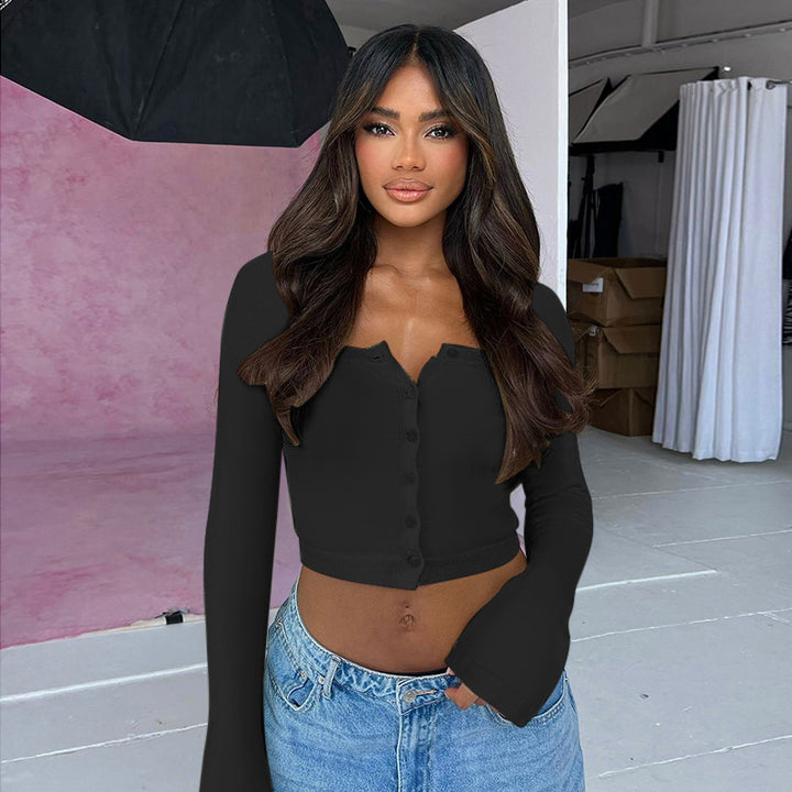 Damen Cropped Langarmshirt mit Knopfleiste und weitem Ausschnitt Drune