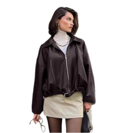 Damen lässige Oversized-Jacke mit Reißverschluss und breitem Kragen Drune
