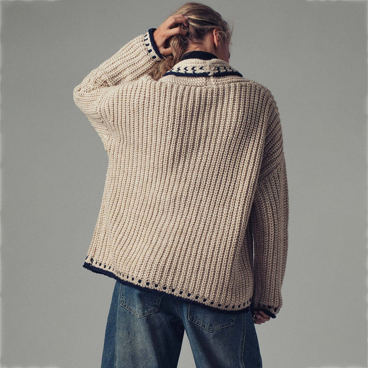 Damen Grobstrick-Cardigan mit Schalkragen, Zierstreifen & aufgesetzten Taschen Drune