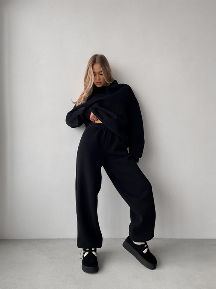 Damen Casual-Set aus schwerem French-Terry mit Polokragen-Cropped-Sweater und weitem High-Waist-Sweathose Drune