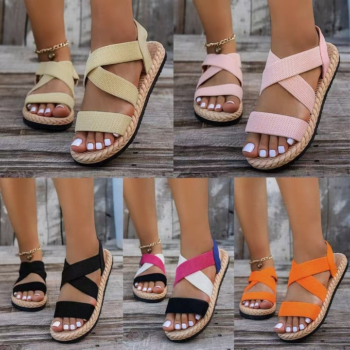 Damen nan flache Espadrille-Riemchensandalen mit geflochtenem Bastrand, elastischem Fersenband und gekreuzten Ethno-Riemen Drune