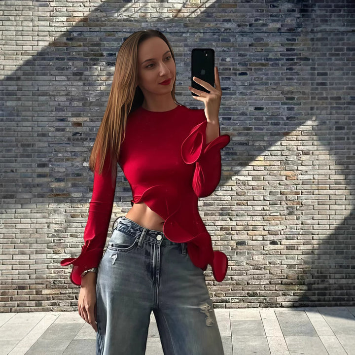 Damen Trendy Oberteil mit asymmetrischen Rüschendetails und elegantes Design Drune