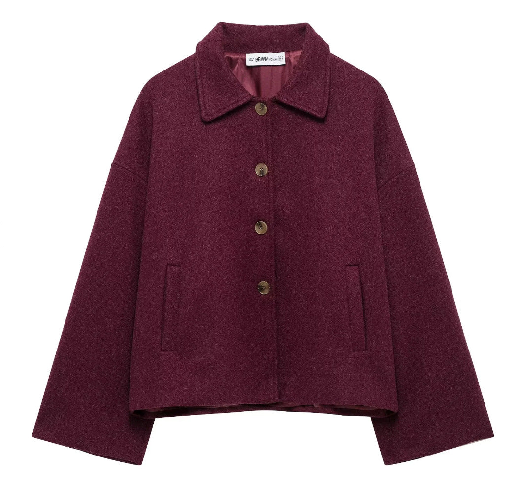 Damen 600+ kurze boxy Wollmix‑Jacke mit Hemdkragen, geknöpfter Front und Eingrifftaschen Drune