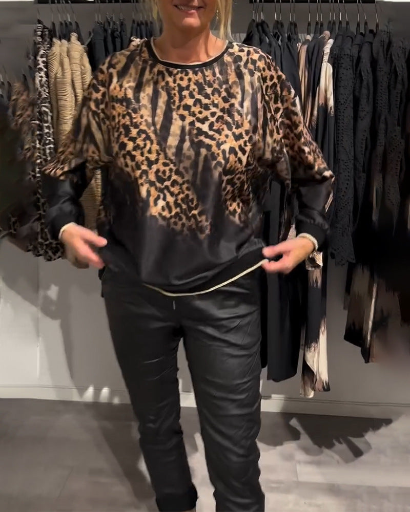 Damen nan seidige Oversize-Bluse mit Animalmuster, Raglanärmeln und elastischem Saum Drune