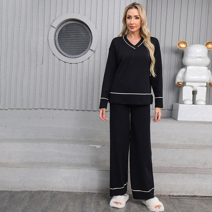 Damen entspannendes Loungewear-Set mit V-Ausschnitt und breiten Hosen Drune