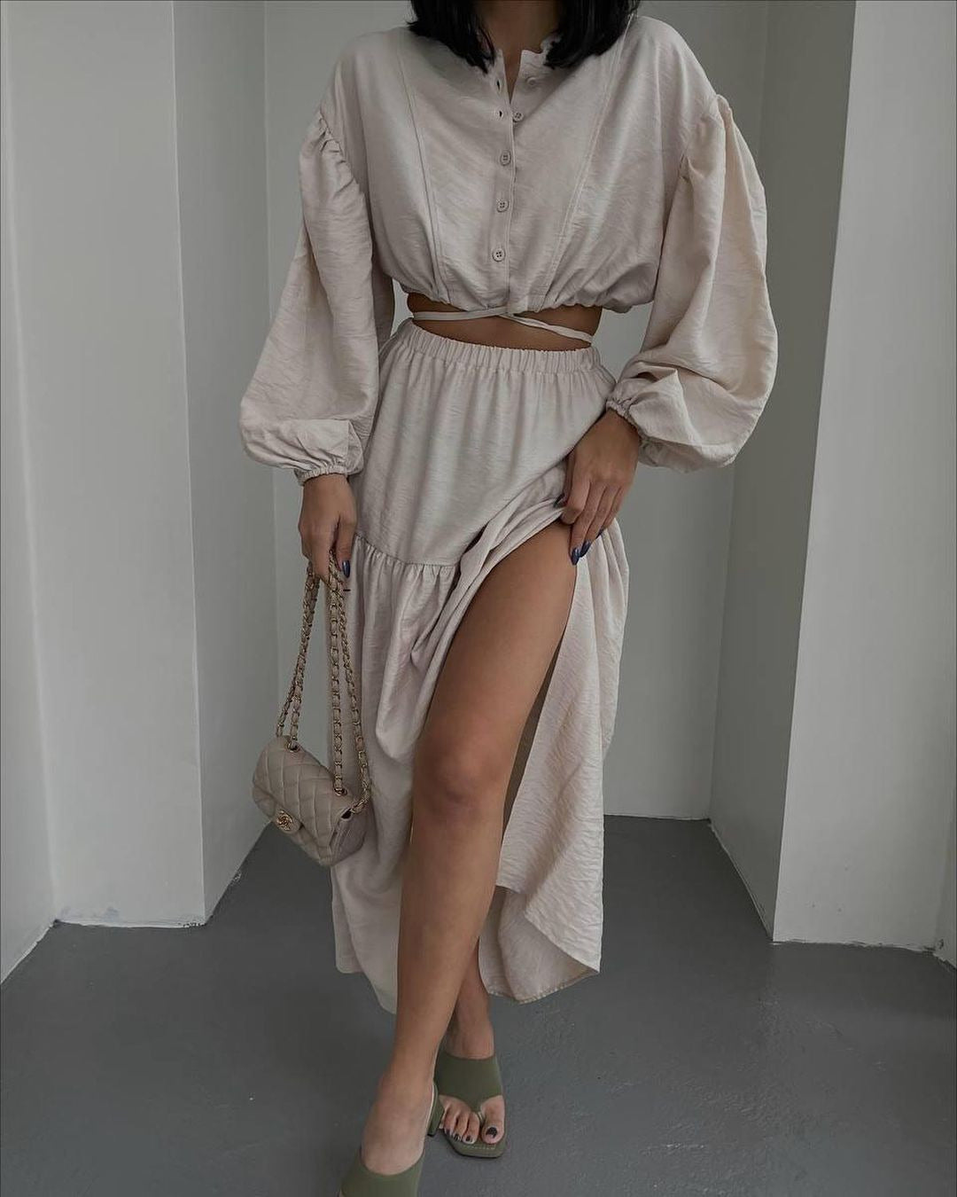 Damen Zweiteiliges Boho-Set mit Cropped-Bluse und Maxirock mit Schlitz Drune