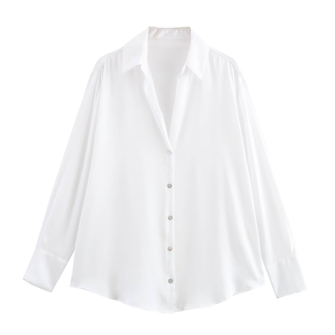 Damen Oversized Satinbluse mit Hemdkragen und breiten Manschetten Drune