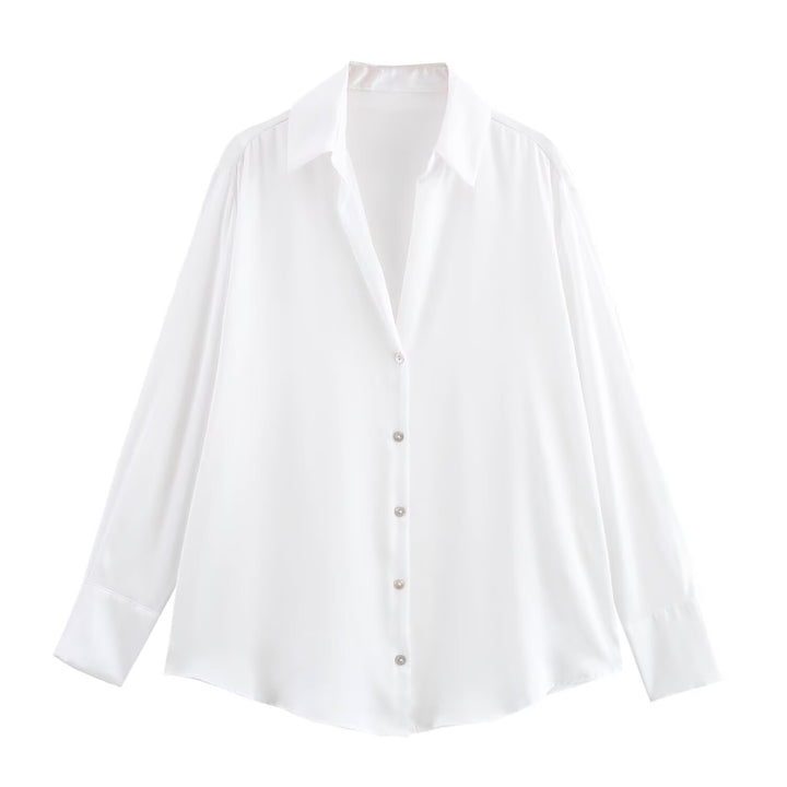 Damen Oversized Satinbluse mit Hemdkragen und breiten Manschetten Drune