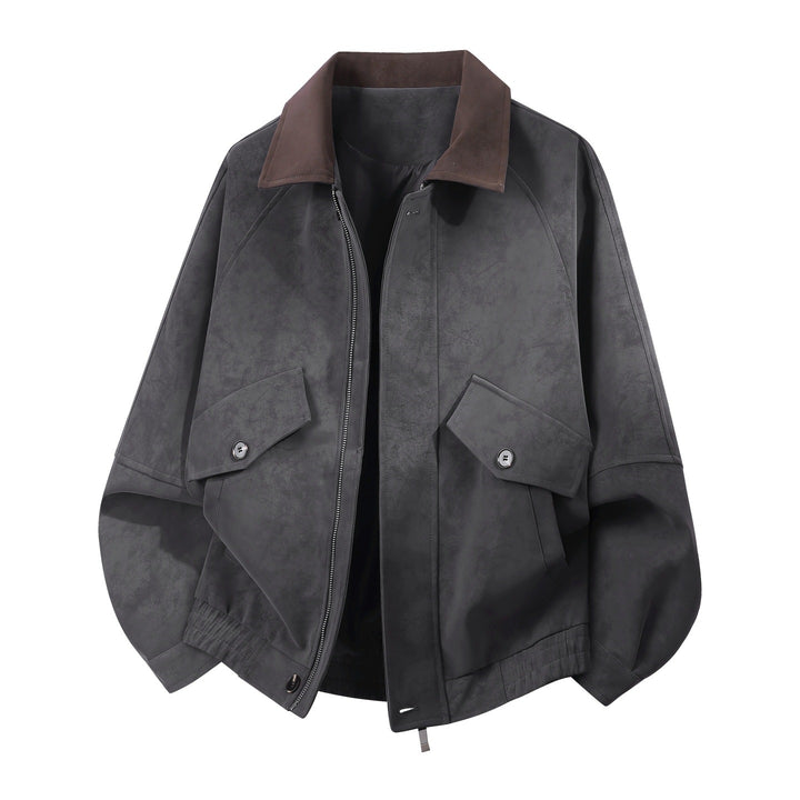 Herren Oversize Bomberjacke in Veloursleder-Optik mit kontrastierendem Kragen, Pattentaschen & elastischem Saum Drune