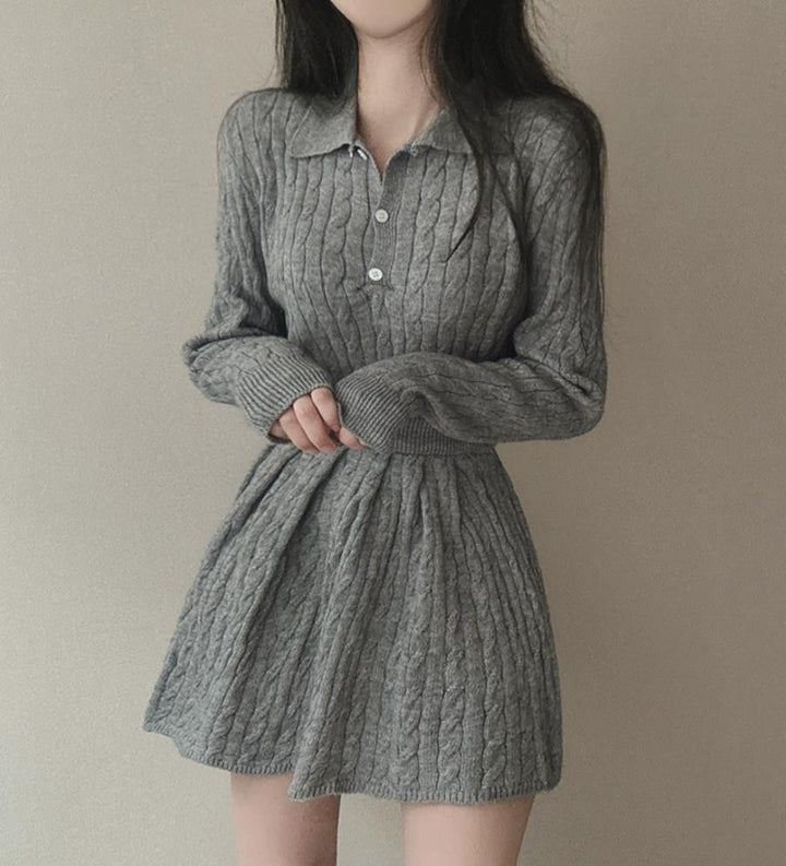 Damen Strickkleid mit Polokragen und strukturiertem Zopfmuster Drune
