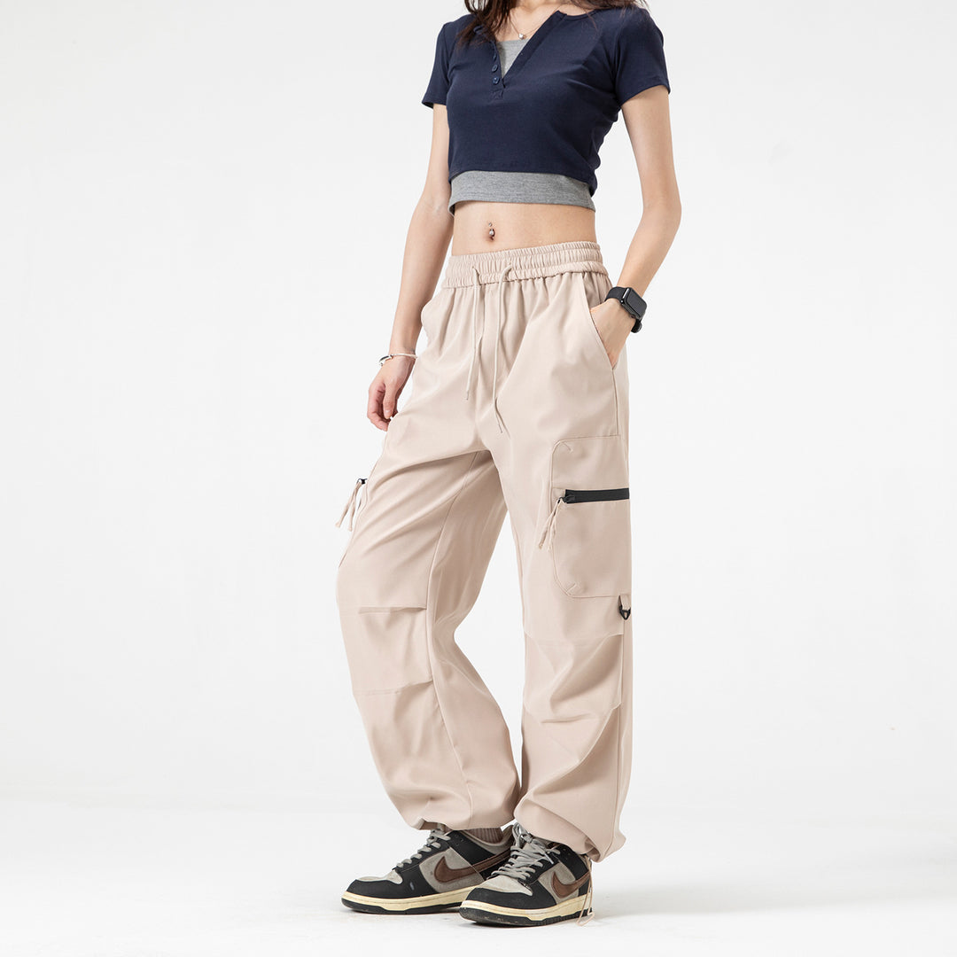 Damen Weite Cargo‑Schlaghose mit hohem Elastbund, Multitaschen und verstellbarem Saum Drune
