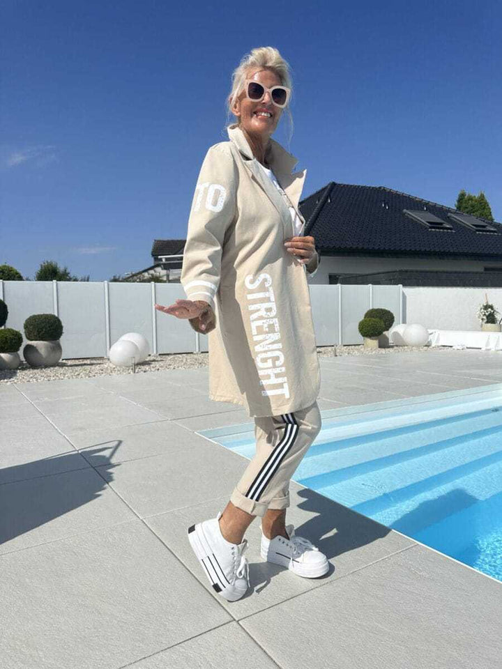 Damen lässiger Trenchcoat mit modischen Streifen und stylischem Schriftzug Drune