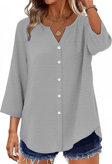 Damen Leichte V-Ausschnitt Blusenjacke mit 3/4-Ärmeln, geschwungenem Saum und durchgehender Knopfleiste Drune