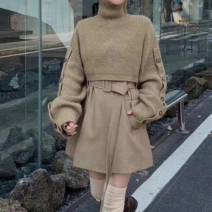 Damen Kurzgeschnittener Rollkragen-Bolero-Überwurf mit langen Ärmelknöpfen Drune