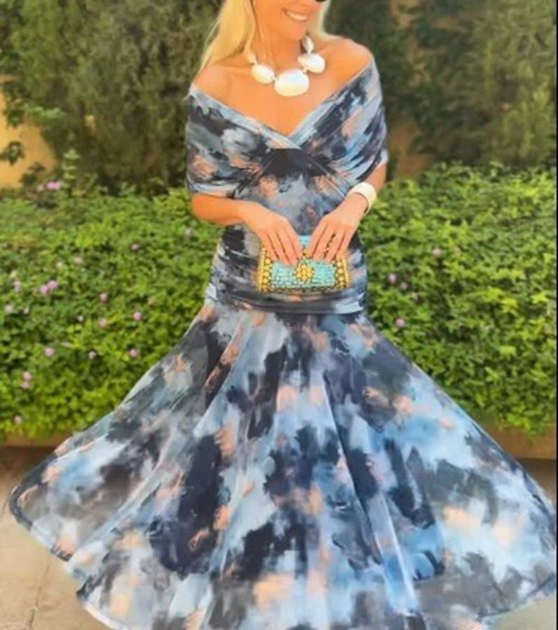 Damen nan fließendes Abendkleid mit transparentem Chiffon-Capelet, V-Ausschnitt und taillierter Drapierung Drune