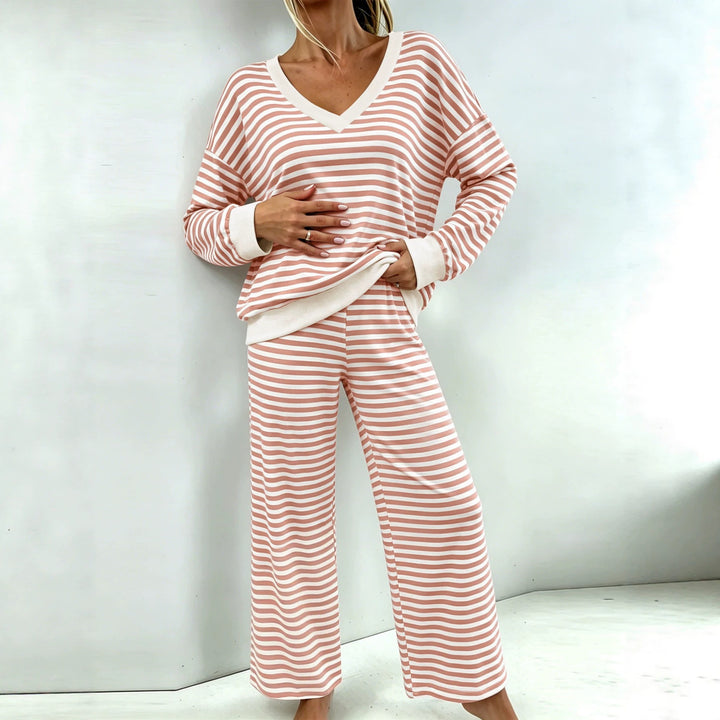 Damen Gestreiftes Lounge-Set mit V-Ausschnitt, Oversize-Pullover und Palazzo-Hose Drune