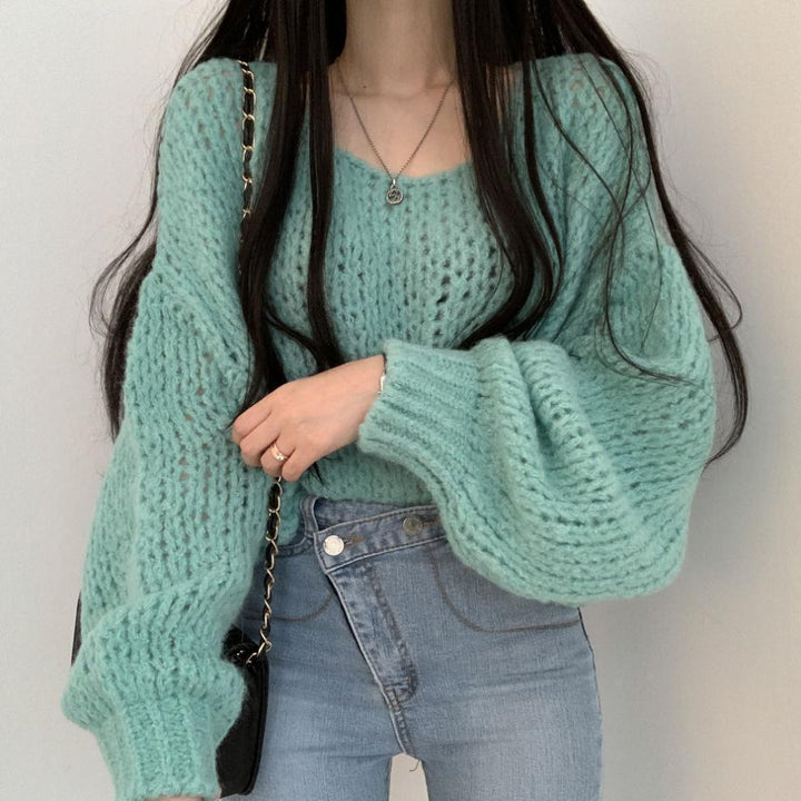 Damen lässiger Strickpullover mit voluminösen Puffärmeln und offener Strickstruktur Drune
