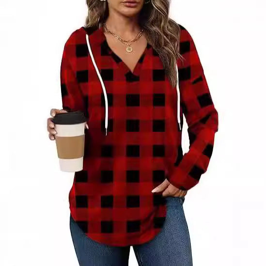 Damen lässige Karobluse mit Kapuze Drune