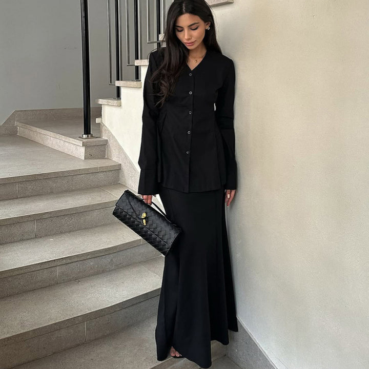 Damen Elegantes Deux-Pieces-Anzugset mit schwingendem Oberteil und bodenlangem Rock Drune
