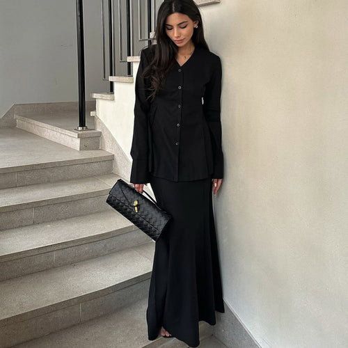 Damen Elegantes Deux-Pieces-Anzugset mit schwingendem Oberteil und bodenlangem Rock Drune
