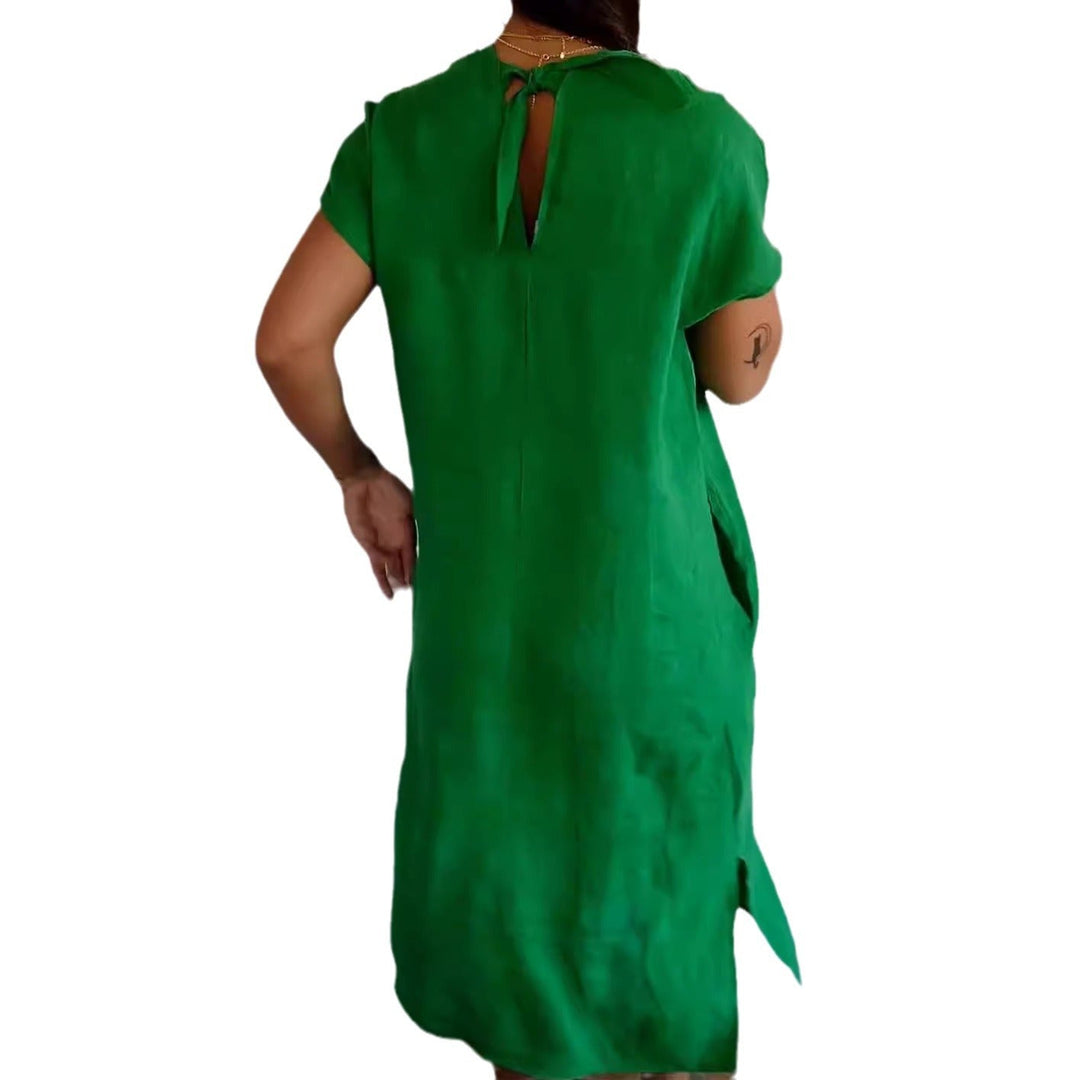 Damen Viskose-Leinen Kleid mit tiefem V-Ausschnitt und praktischen Taschen Drune