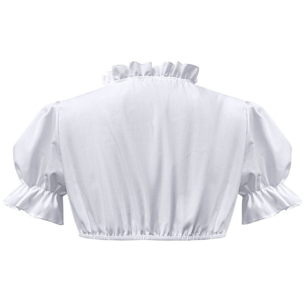 Damen nan traditionelle Dirndlbluse kurz mit Puffärmeln Herzausschnitt und Rüschendetail Drune