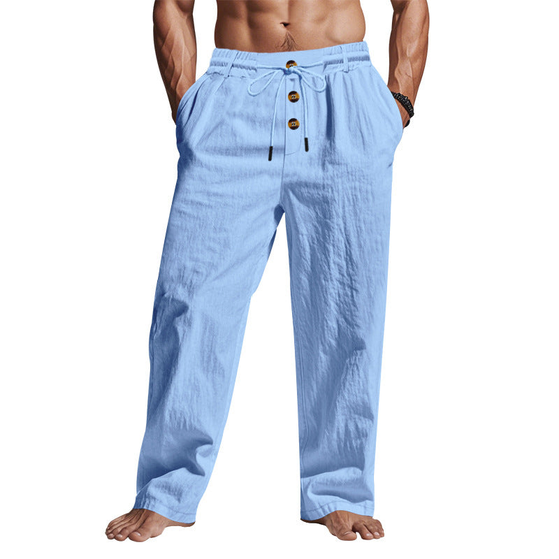 Herren nan lockere Leinen-Relaxhose mit elastischem Tunnelzugbund, Kordelzug und dekorativer Knopfleiste Drune