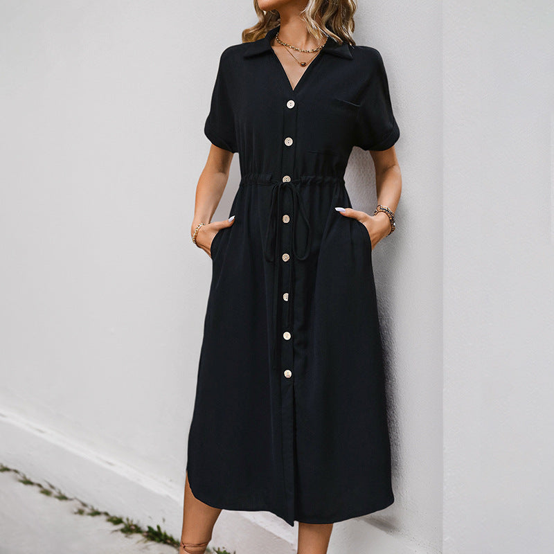Damen Langarm Hemdblusenkleid mit Taillengürtel Drune