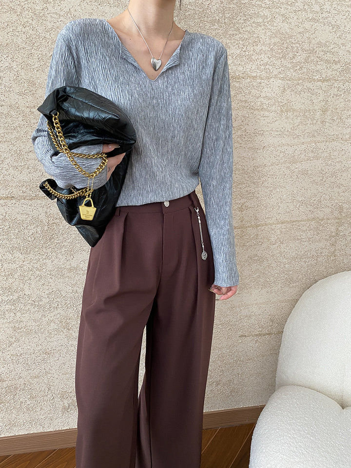 Damen Elegantes Longsleeve-Oberteil mit V-Ausschnitt und feiner Textur Drune