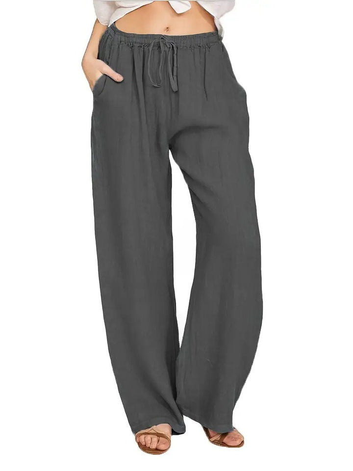 Damen Weite Leinenhose mit elastischem Taillenbund und seitlichen Eingrifftaschen Drune