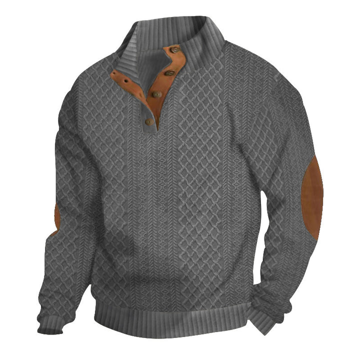 Herren Strukturiertes Zopfmuster-Henley-Pullover mit Lederbesatz an Ellbogen & Knopfleiste Drune