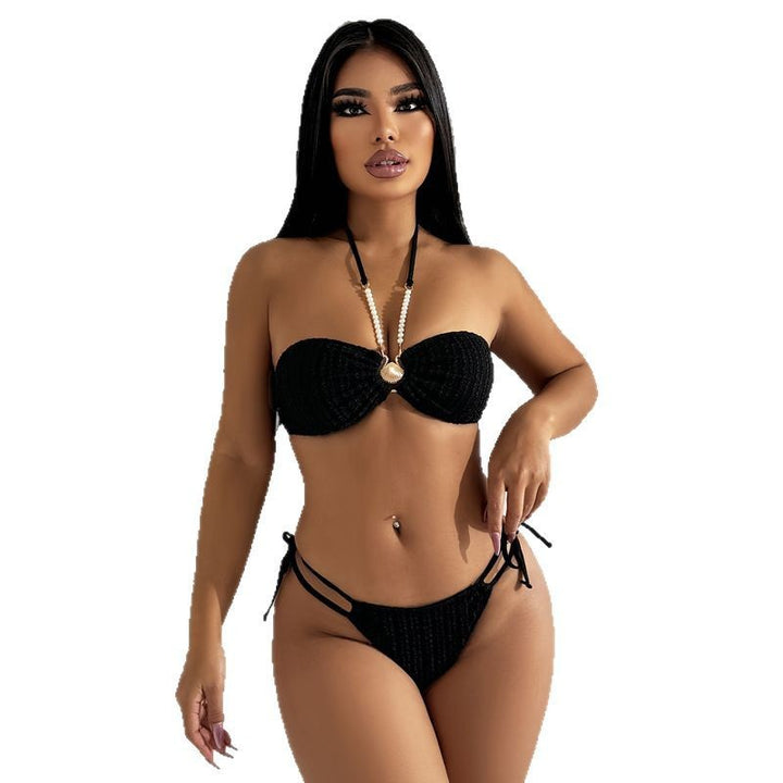 Damen Bandeau-Bikini mit gemustertem Oberteil und dekorativer Perlenverzierung Drune