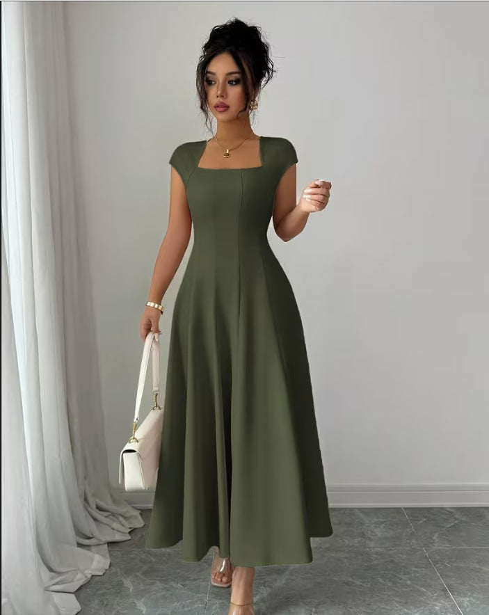Damen Elegantes Maxikleid mit rechteckigem Ausschnitt und fließendem Rock Drune