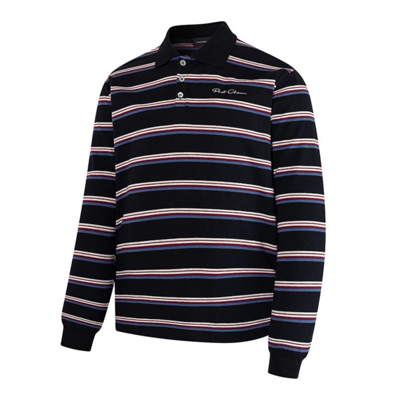 Herren Langarm-Poloshirt mit Retro-Streifen, Rippbündchen und Knopfleiste Drune