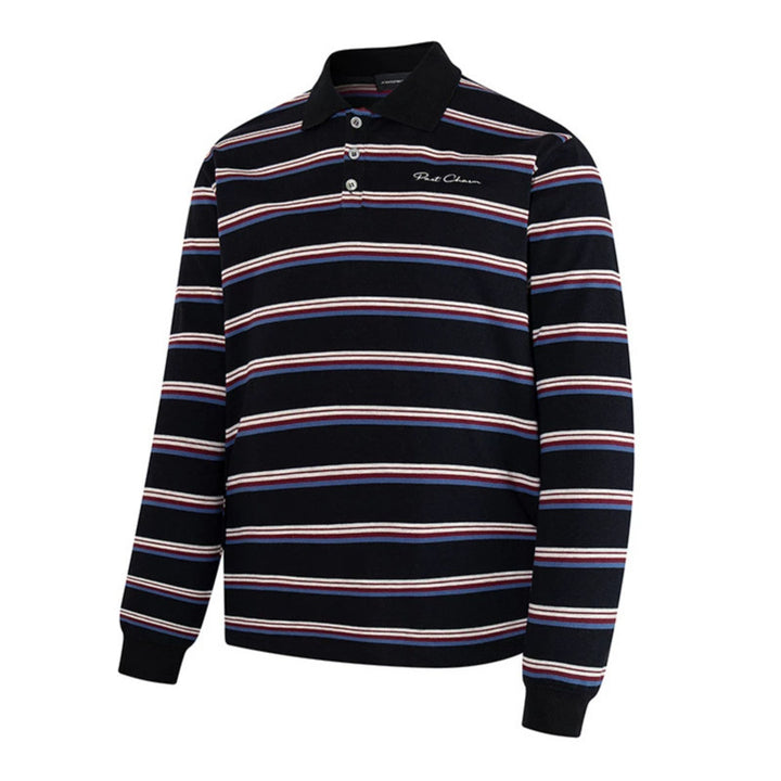 Herren Langarm-Poloshirt mit Retro-Streifen, Rippbündchen und Knopfleiste Drune