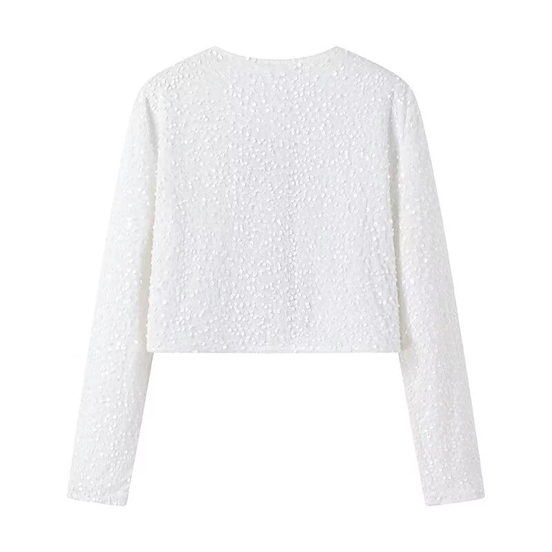 Damen Kurze Paillettenjacke mit Zierschleifen, Rundhalsausschnitt und langen Ärmeln Drune