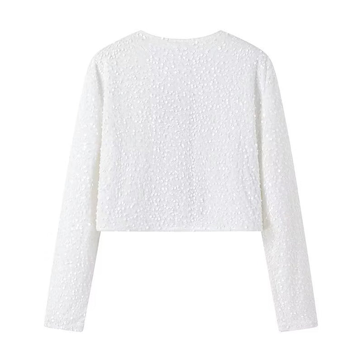 Damen Kurze Paillettenjacke mit Zierschleifen, Rundhalsausschnitt und langen Ärmeln Drune
