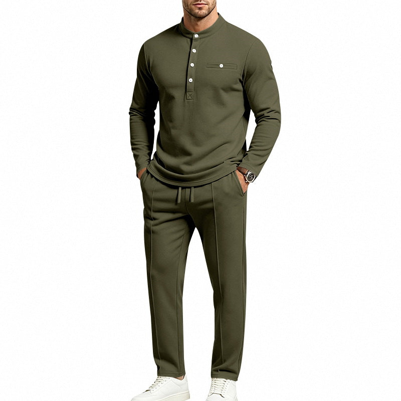 Herren Zweiteiliges Freizeitset mit Henley-Langarmshirt, Stehkragen und Komfort-Jogginghose Drune